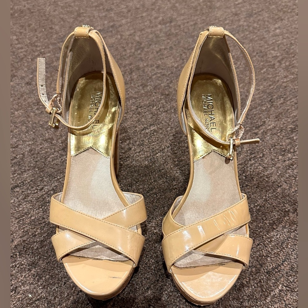 Michael Kors Womens Sandals Leather Wood Platform High Heels Nude Sexy 8